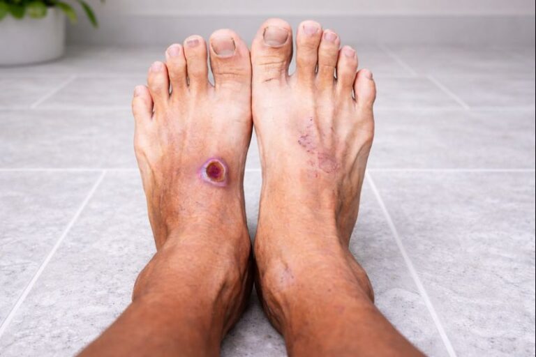 Close-up of elderly feet with swelling, highlighting diabetic foot complications and circulation issues