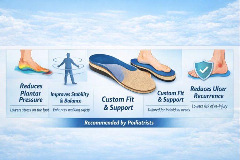 Benefits of diabetic insoles infographic showing reduced plantar pressure, improved stability and balance, custom fit support, reduced ulcer recurrence, and recommended by podiatrists.