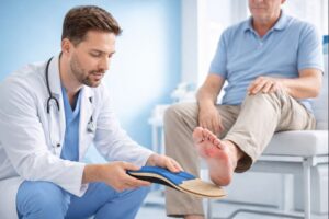 Doctor fitting a diabetic insole for an older patient during a foot exam, checking sizing to reduce pressure and help prevent diabetic foot ulcers in a clinic.