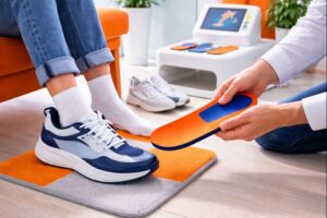 Customer trying on custom orange and blue insoles in a podiatry clinic, as a clinician places the insole into a sneaker beside a 3D foot scanner.