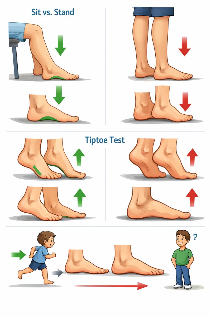 Infographic showing how to identify flexible vs rigid flat feet: side-view feet sitting and standing, tiptoe test with arch forming or staying flat, and timeline from childhood to adulthood, illustrated with arrows and no text.