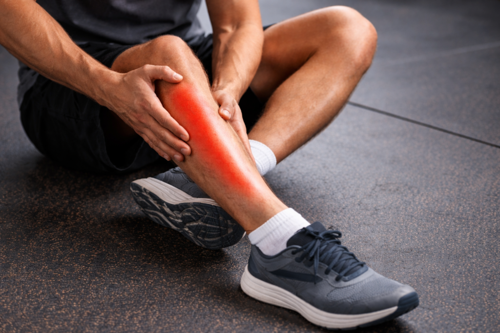 Realistic photo of a runner’s lower leg with shin splints pain highlighted in red along the inner shin bone.
