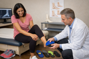 Doctor fitting arch support insoles for a woman during a foot consultation in a medical clinic, with multiple orthopedic shoe inserts placed on the floor nearby.