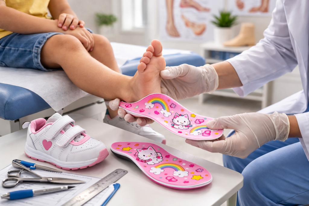 Doctor fitting a pink cartoon pediatric orthotic insole under a child’s foot during foot assessment