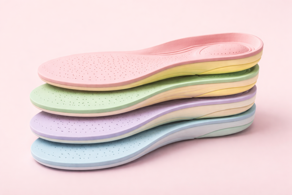 Stack of pastel running insoles layered on a light pink background, showing cushioned arch support and heel padding