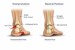 Overpronation foot alignment diagram showing ankle rolling inward and collapsed arch compared with neutral foot alignment.