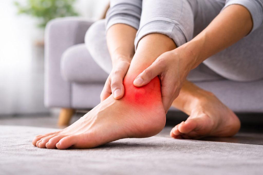 Person holding back of heel showing pain.