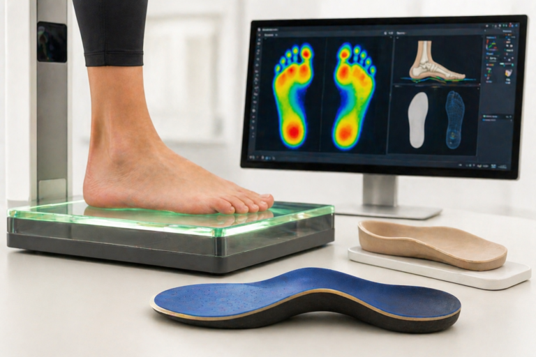 Custom orthotics foot scan with pressure mapping and insole design process