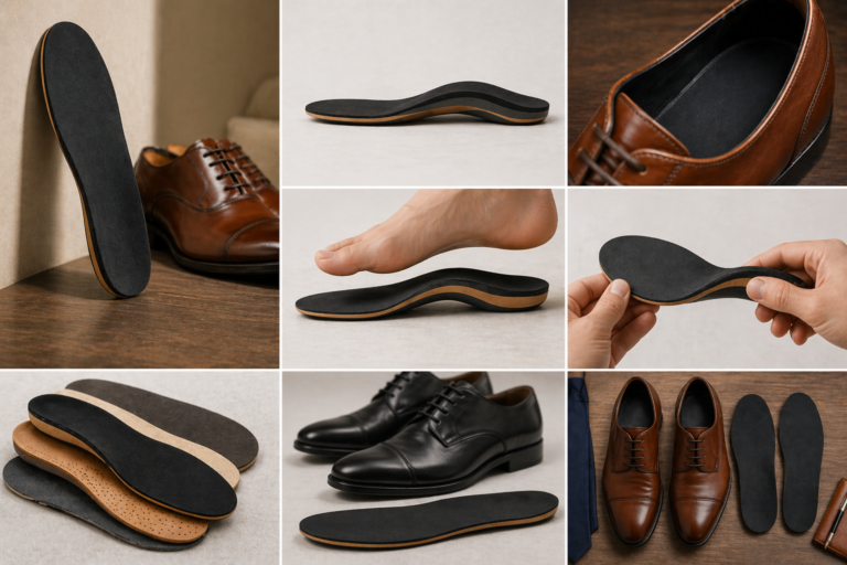 Insoles for formal shoes with arch support alongside leather dress shoes