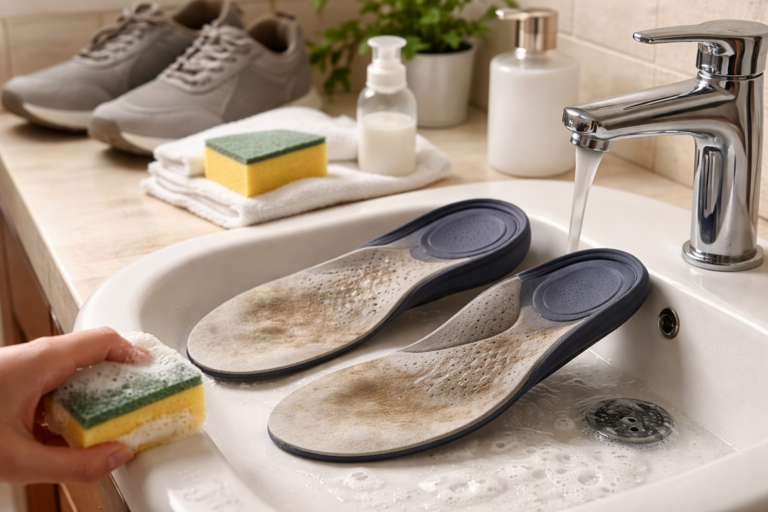 Dirty orthotic insoles being cleaned in a bathroom sink with soap and water