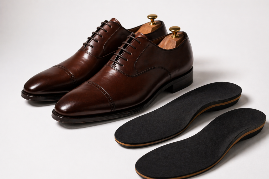 Premium leather formal shoes with slim insoles placed on a clean white background