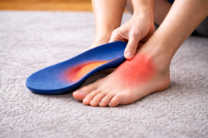 Close-up of a person’s bare foot with visible redness and irritation along the arch, while their hand holds a blue orthotic insole nearby, suggesting discomfort caused by the insert.