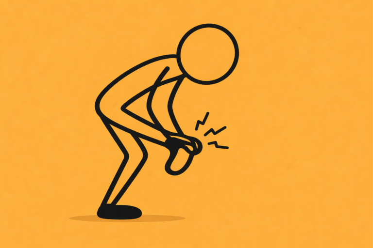 Stick figure bending forward and holding foot in pain on an orange background