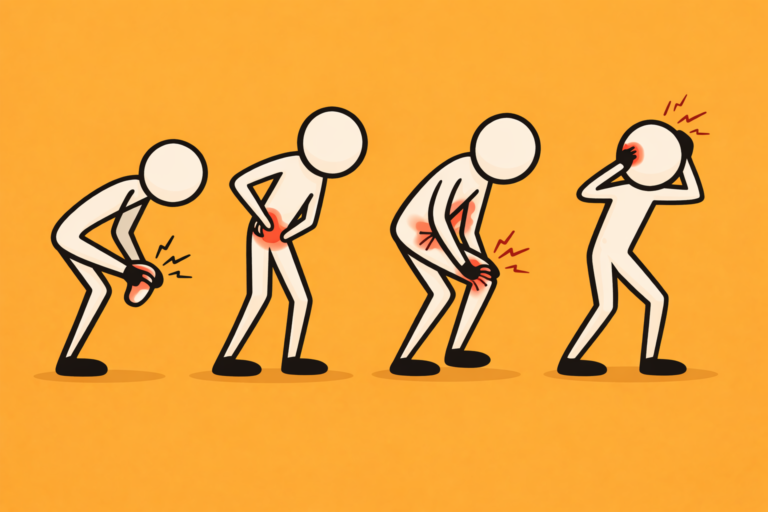 Four stick figures showing pain in foot, lower back, knee and head on an orange background