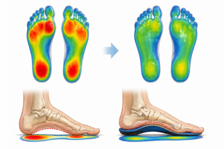 Foot pressure before and after orthotics showing improved weight distribution