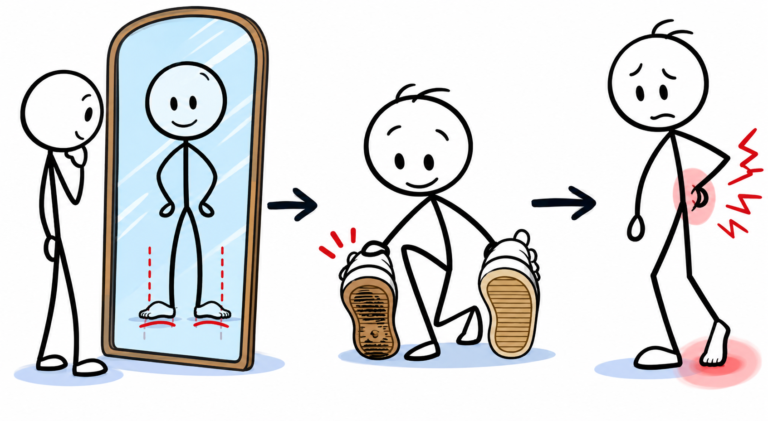 Stick figure checking foot alignment in a mirror, comparing uneven shoe wear, and showing one-sided foot discomfort.