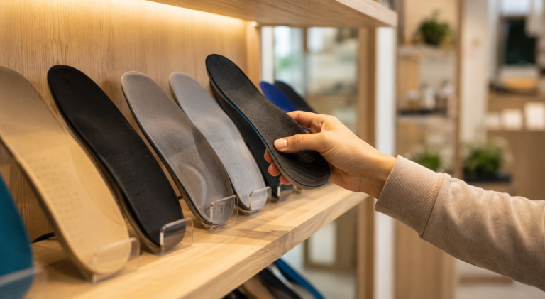 Hand selecting a generic sports insole from a wooden retail display shelf with warm lighting in a modern lifestyle store setting.