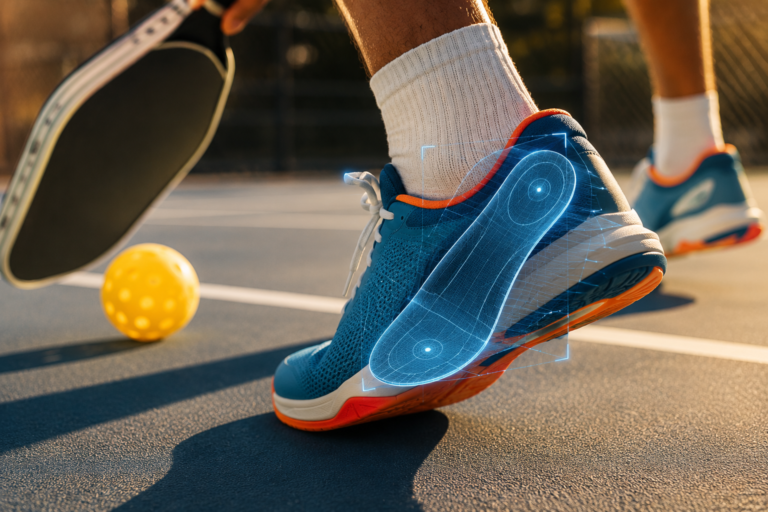 Close-up of a professional pickleball shoe on an outdoor court with a glowing digital insole scan overlay, captured in warm golden sunlight during gameplay.