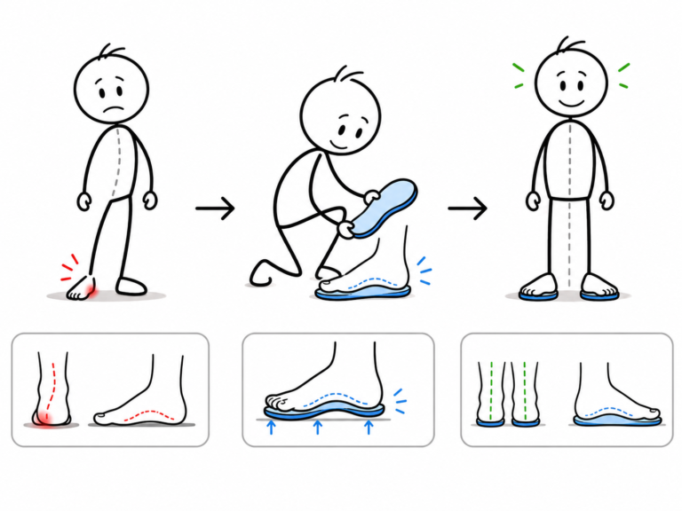 Stick figure showing foot discomfort, placing blue insoles into shoes, and standing with improved foot alignment and support.