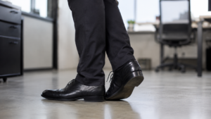 Close-up of a person in formal black shoes standing on a hard office floor, shifting weight from one foot to the other, showing discomfort from standing for long hours.