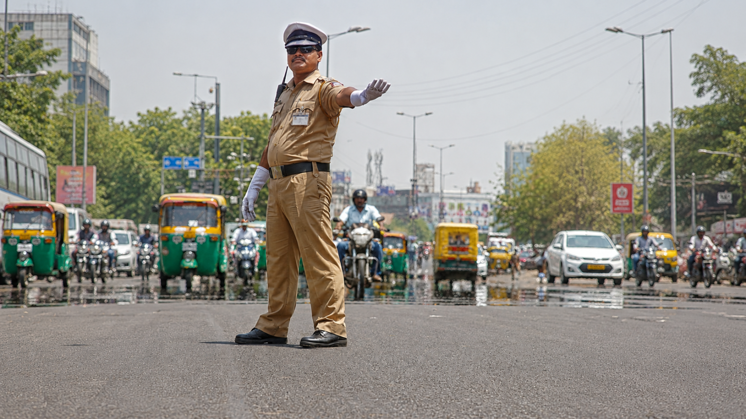 Indian traffic police constable standing on hot city road tarmac while directing traffic in peak afternoon heat.