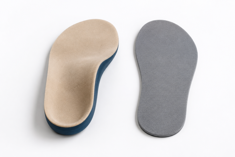 Side by side comparison of a custom orthotic insole and an over-the-counter insole showing the difference in arch support and thickness