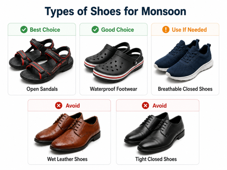 Types of shoes for monsoon showing open sandals as best choice, waterproof footwear as good choice, breathable closed shoes for needed use, and wet leather or tight closed shoes to avoid