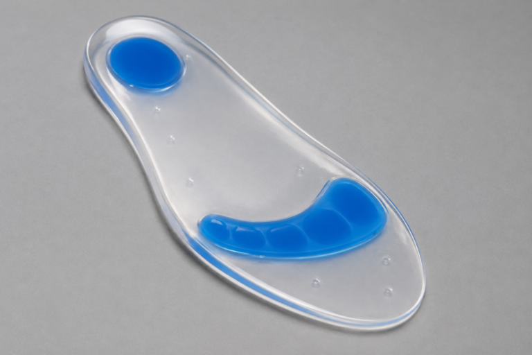 Transparent gel insoles with blue cushioning pads designed for shock absorption, heel comfort, and pressure relief during walking and daily activities