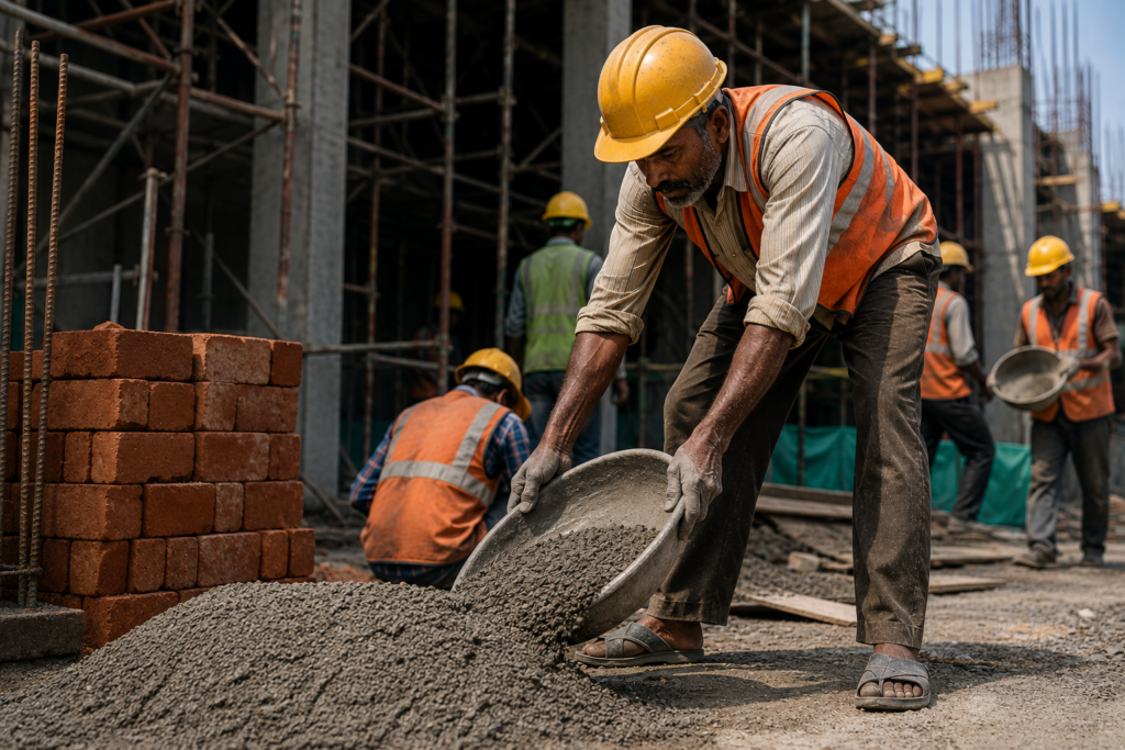 Construction worker carrying concrete at a busy building site, representing Indian jobs that place the highest daily load on the feet.