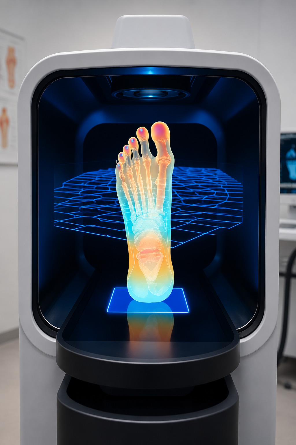 Digital foot scan displayed inside a medical 3D foot scanner for custom insoles