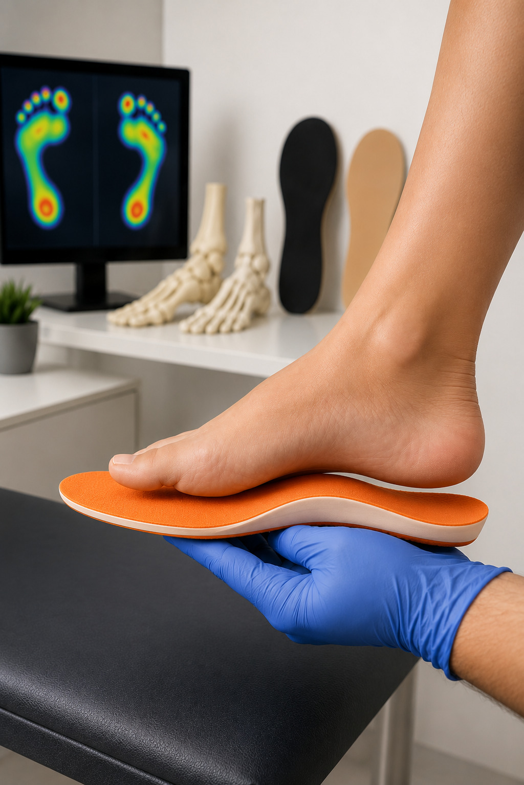 Foot positioned on a custom orange orthotic insole during a professional foot assessment