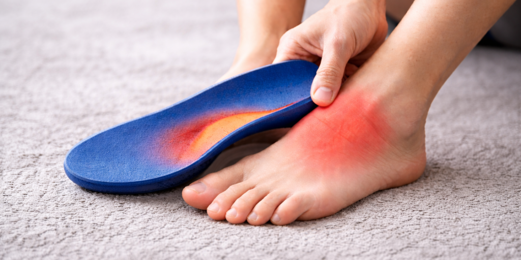 Close-up of a person’s bare foot with visible redness and irritation along the arch, while their hand holds a blue orthotic insole nearby, suggesting discomfort caused by the insert.